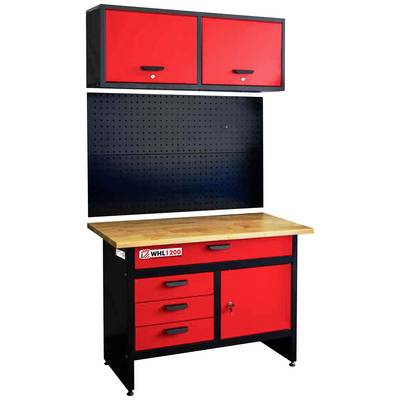 Banco da lavoro con piano di lavoro in legno, con cassetti e un armadio sotto, in rosso e nero. Pensili e pannello forato in alto.