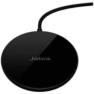 Caricabatterie nero Jabra con design circolare e cavo collegato.