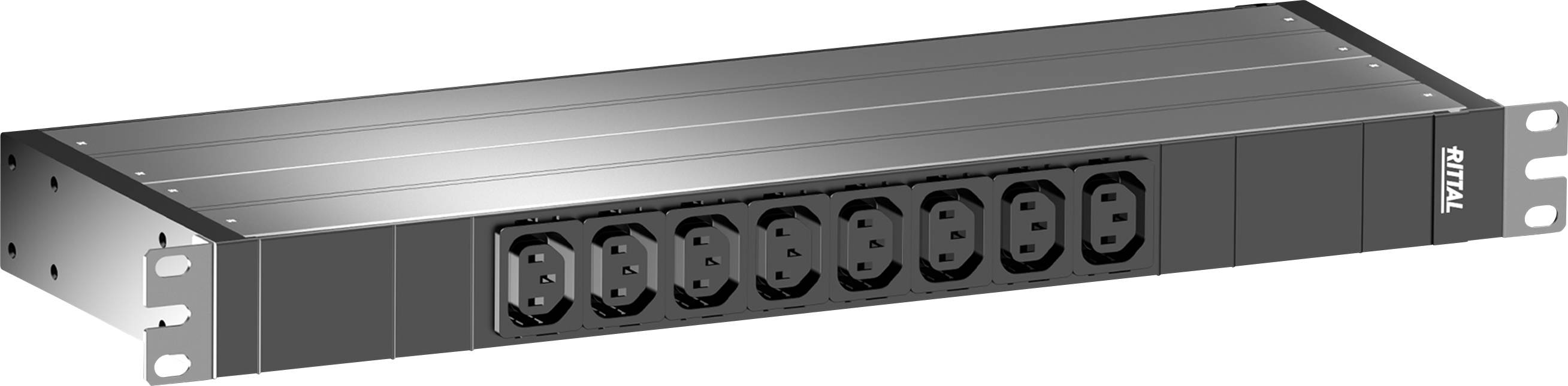 Un involucro nero per montaggio a rack, rettangolare, con più prese elettriche sul lato frontale, adatto per sale server.