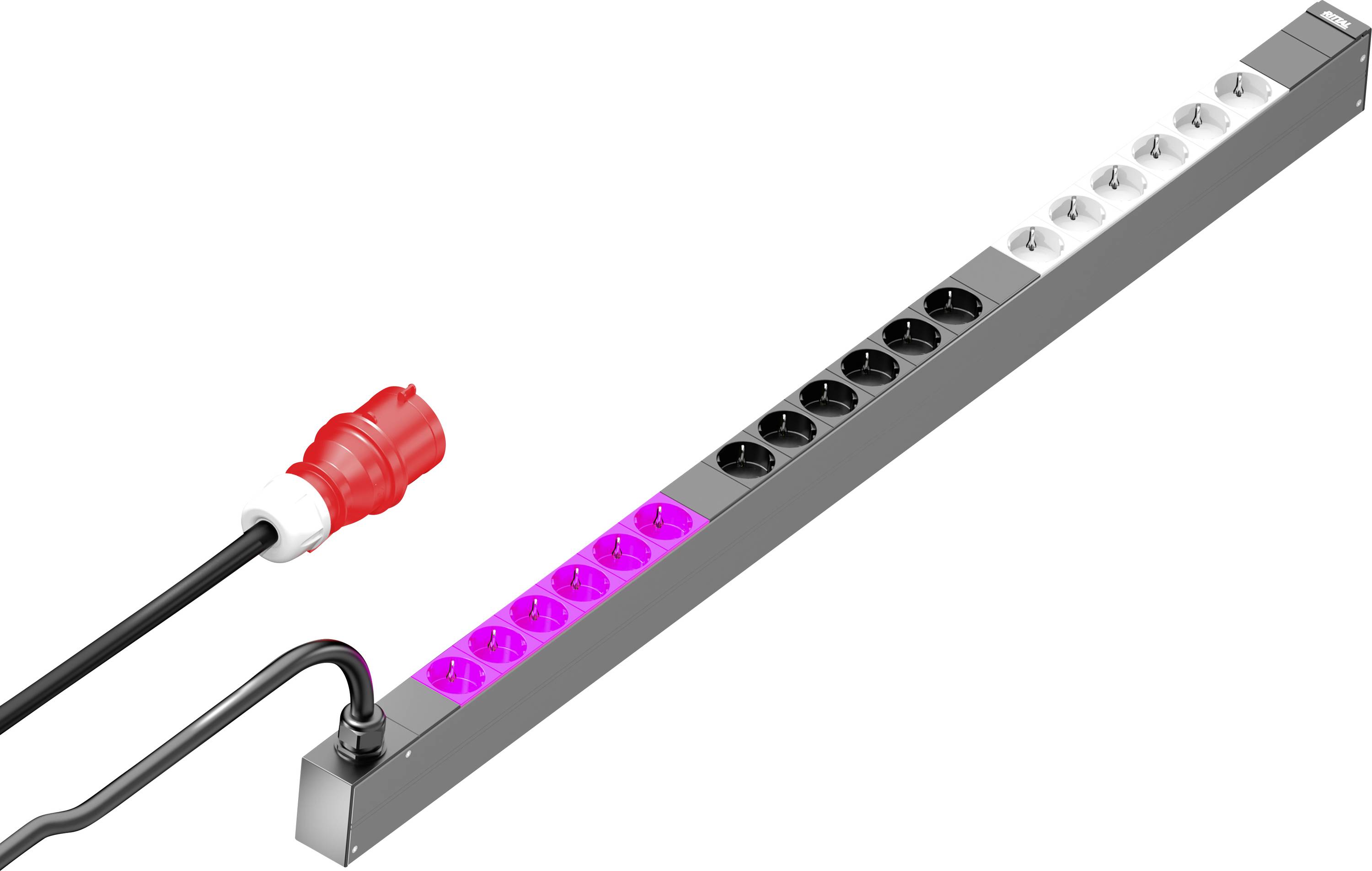 Un multipresa rettangolare lungo con diversi alloggiamenti per spine in vari colori e una spina di rete rossa.