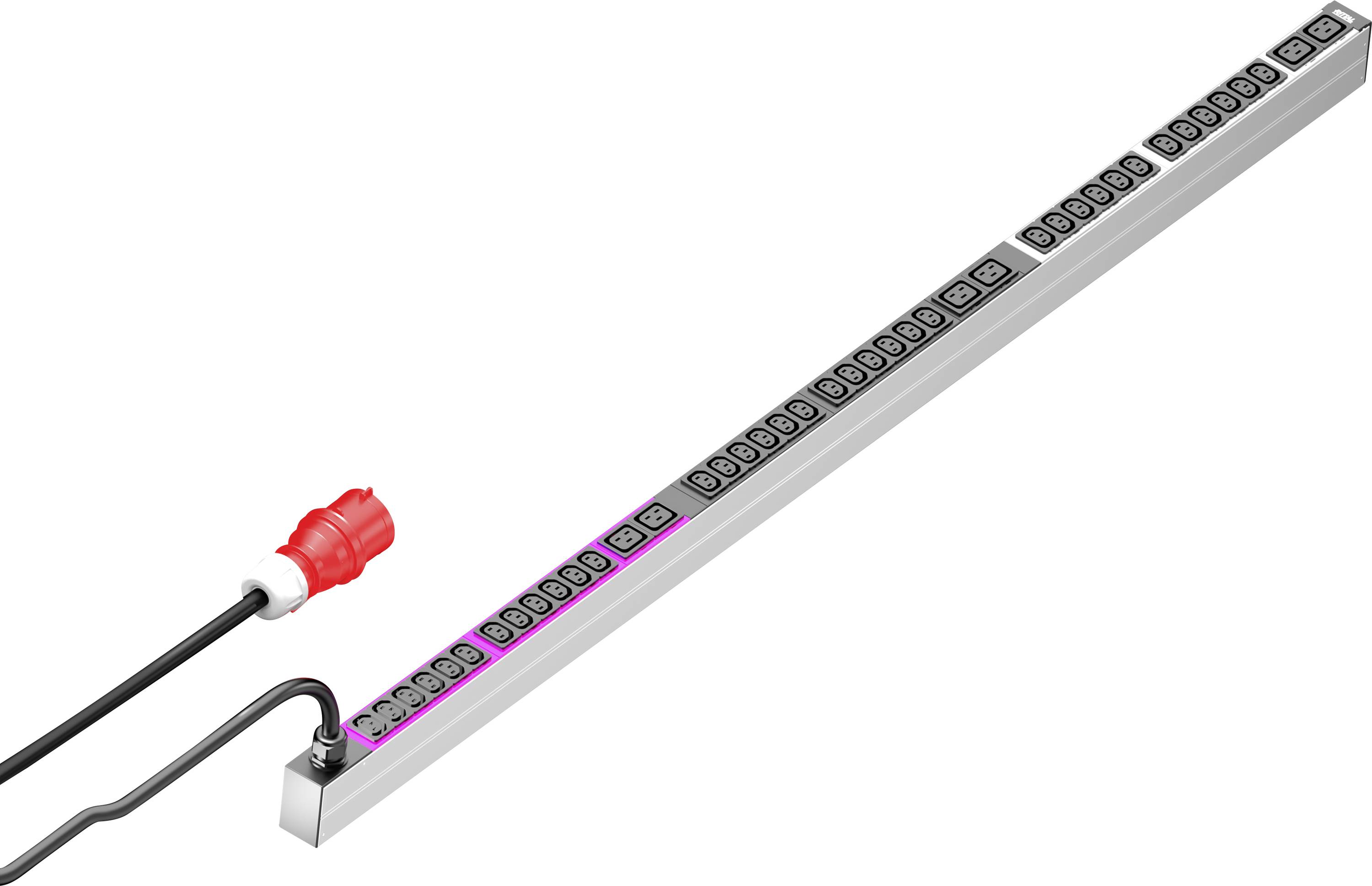 Una multipresa lunga con diversi attacchi Schuko e un collegamento elettrico rosso sul lato sinistro.