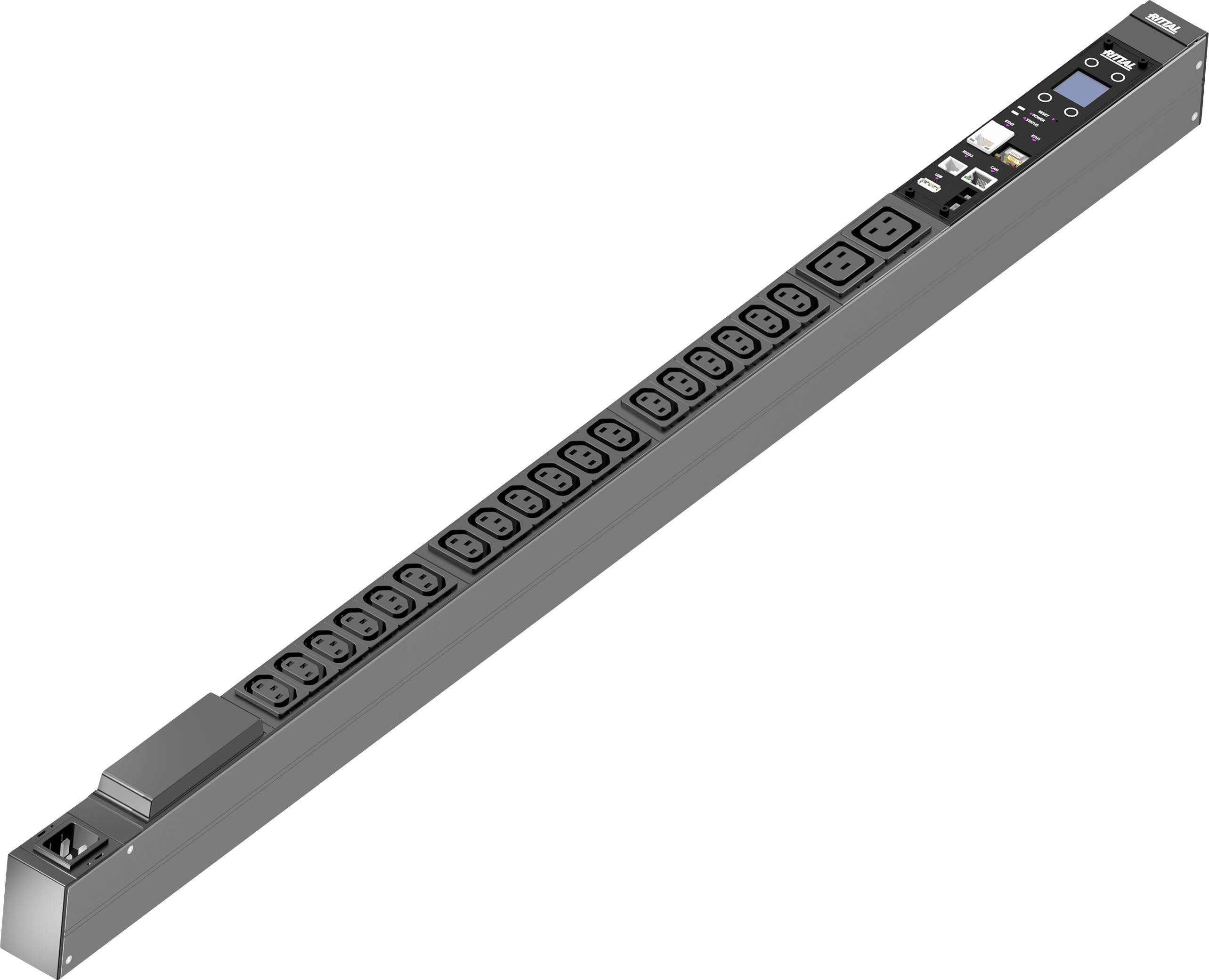 Multipresa nera con 16 prese, disposta in linea, ideale per sale server o installazioni di rete.