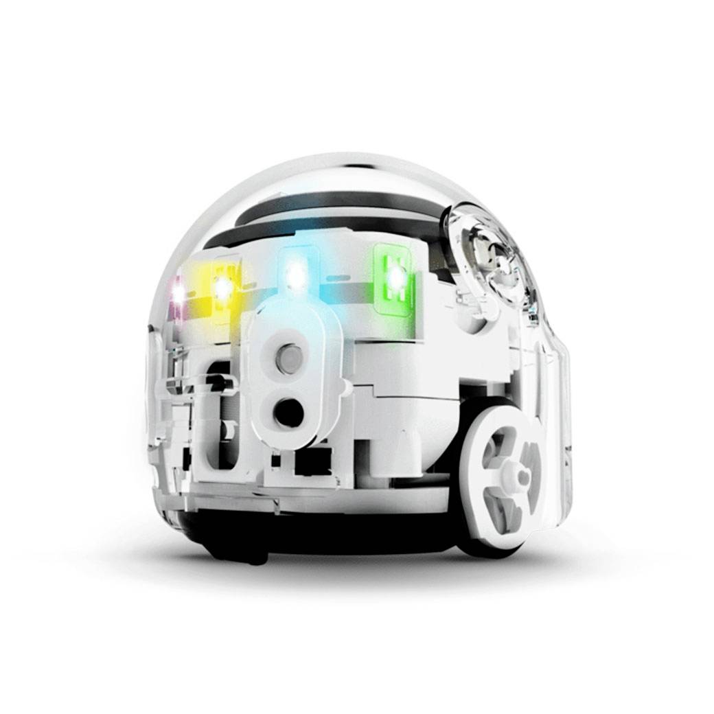 Piccolo robot programmabile con involucro trasparente, LED colorati e ruote. Ideale per scopi didattici nel campo della robotica.