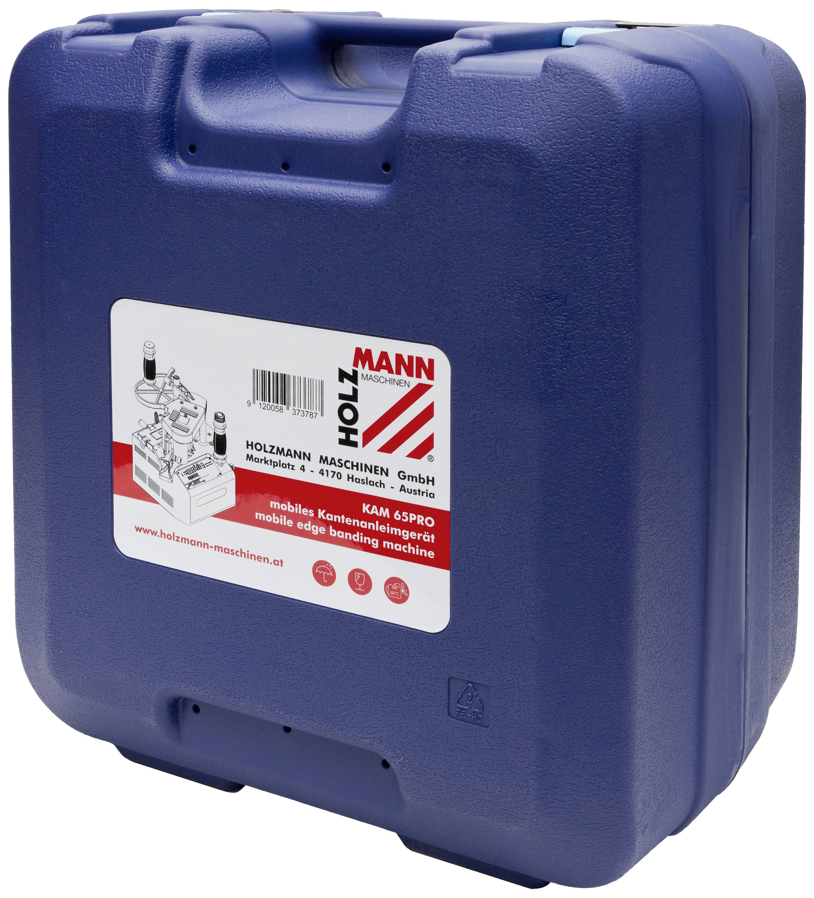 Contenitore blu in plastica con logo di lavorazione del legno e testo 'MACCHINE PORTATILI PER BORDATURA KAM 65PRO'. Contiene un dispositivo per la lavorazione del legno.