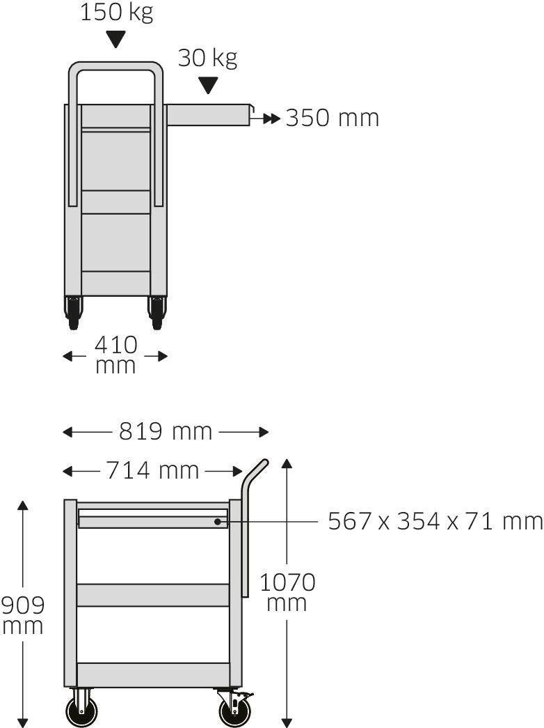Dimensioni di un carrello: Altezza 909 mm, Larghezza 714 mm, Lunghezza 1070 mm. Carico massimo: 150 kg. Misure del cassetto: 567 x 354 x 71 mm.