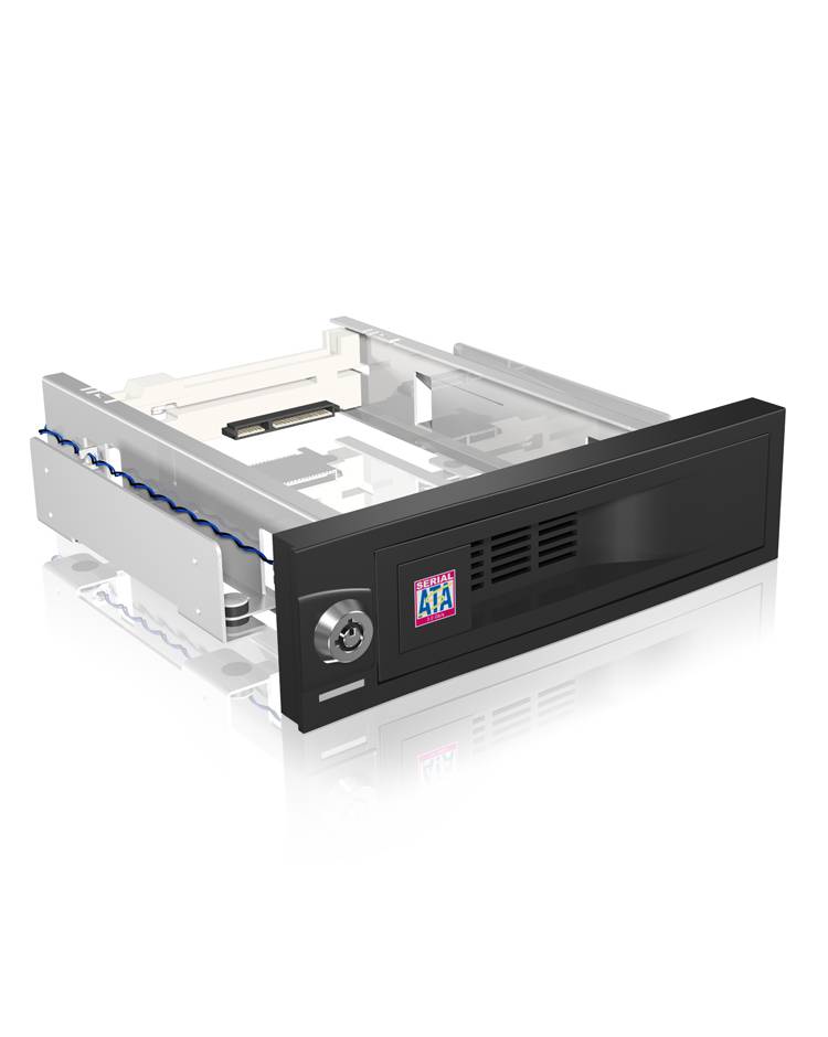 Telaio per hard disk nero con fessure di ventilazione e serratura, adatto per hard disk SATA.
