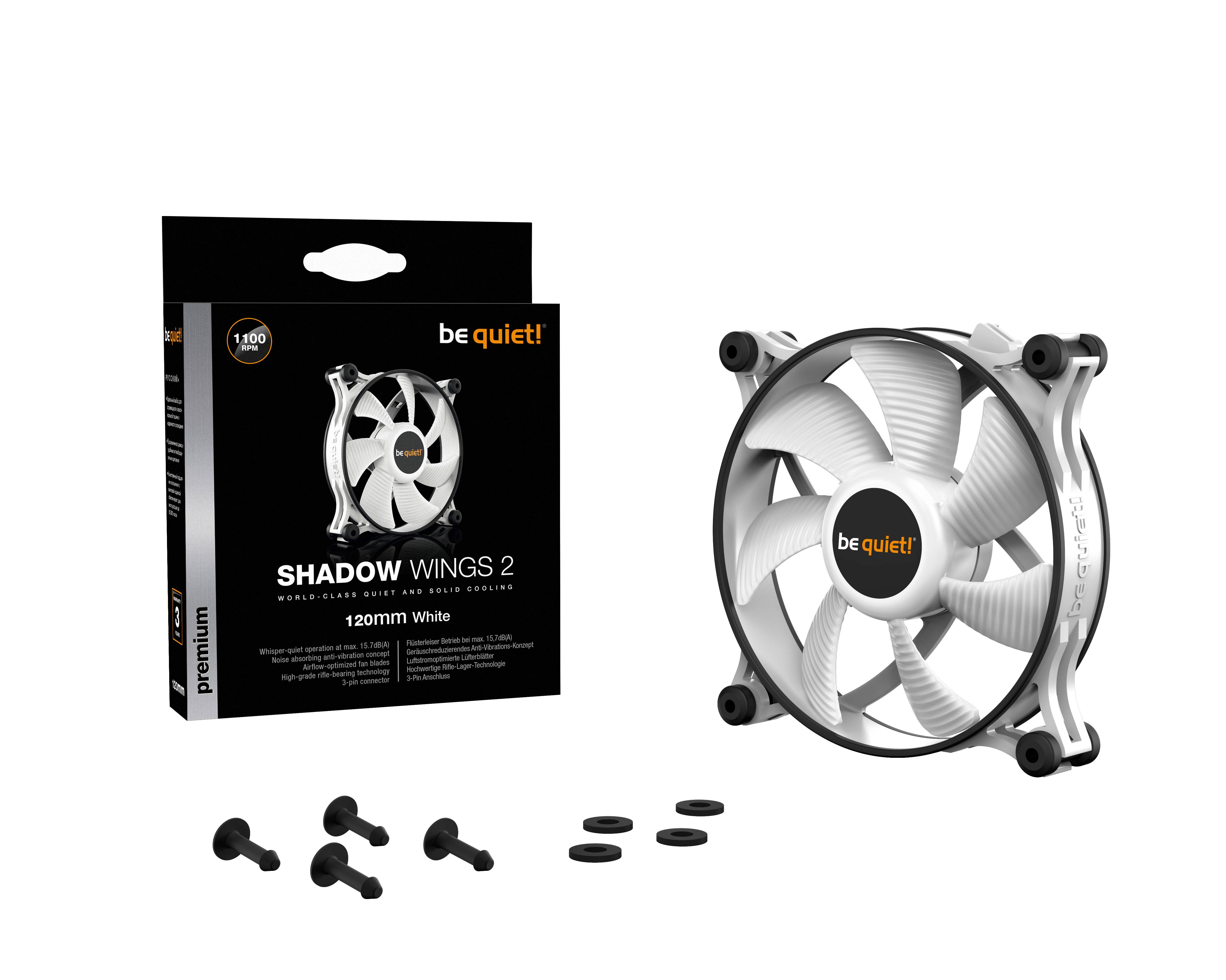 Modello di ventola 'be quiet! Shadow Wings 2, 120mm, Bianco' con componenti accessori come viti. La confezione mostra l'immagine della ventola e il logo del marchio.