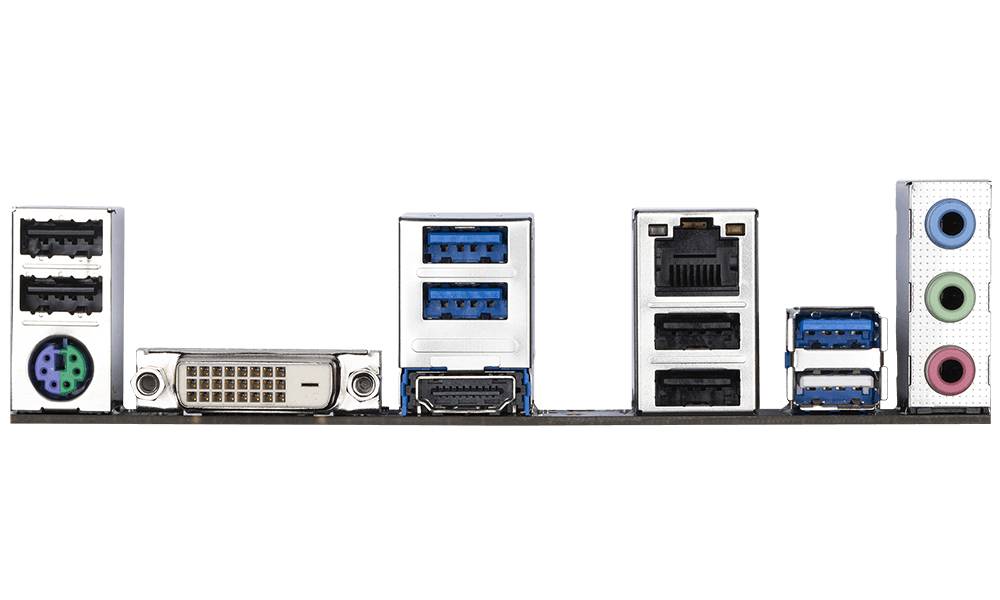Connettori su una scheda madre del computer: porte USB, porta PS/2, DVI, HDMI, Ethernet e jack audio per periferiche.
