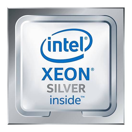 L'immagine mostra il logo 'Intel Xeon Silver inside' su sfondo grigio.