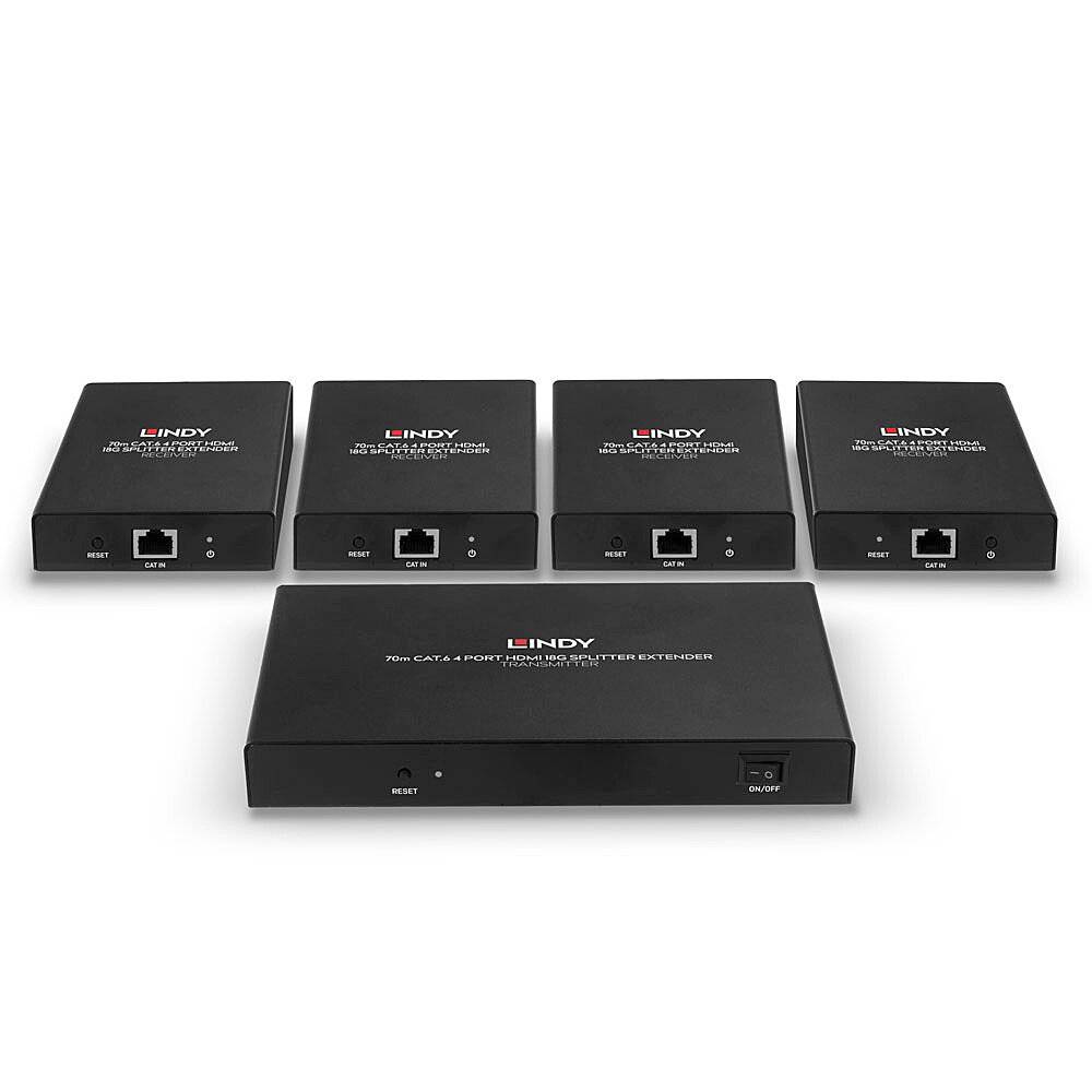 Quattro convertitori HDMI-VGA neri dal design uniforme e con un'unità di controllo più grande; utilizzati per la trasmissione audio-video.