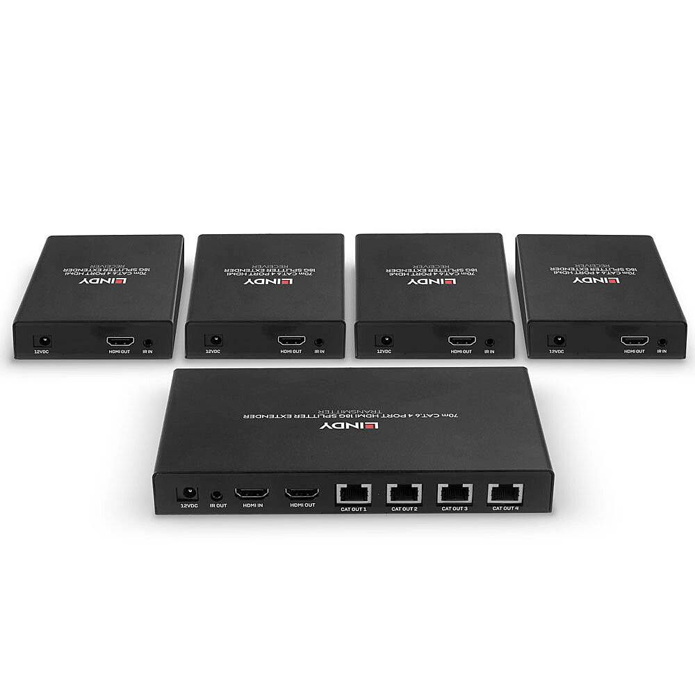 Cinque dispositivi di prolunga HDMI neri allineati. Il dispositivo anteriore mostra gli ingressi e quattro uscite HDMI. Nome del marchio: Lindy.
