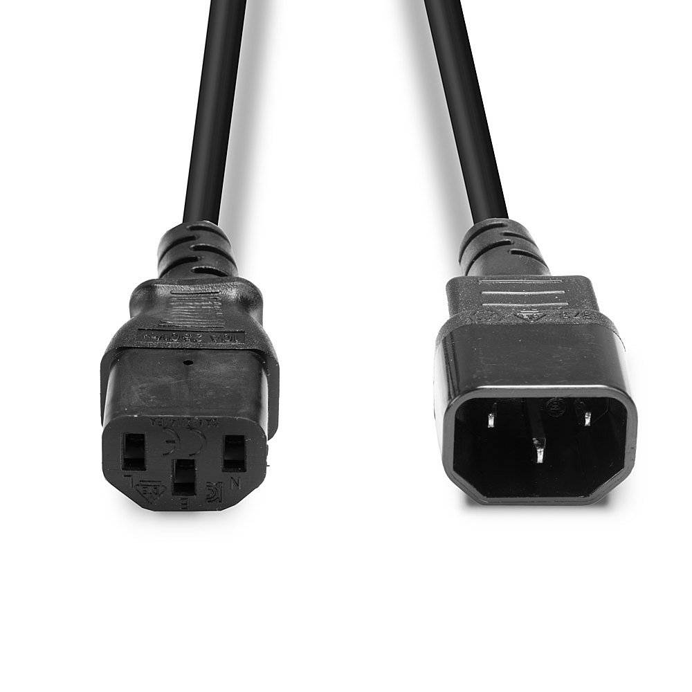 Un cavo di rete nero con un connettore maschio e un connettore femmina, utilizzato per collegare dispositivi elettrici.