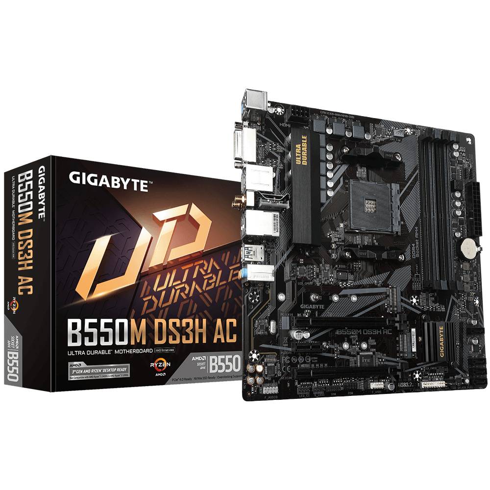 Scheda madre 'GIGABYTE B550M DS3H AC' e confezione. La scheda madre è progettata per processori AMD e offre diverse opzioni di connettività.