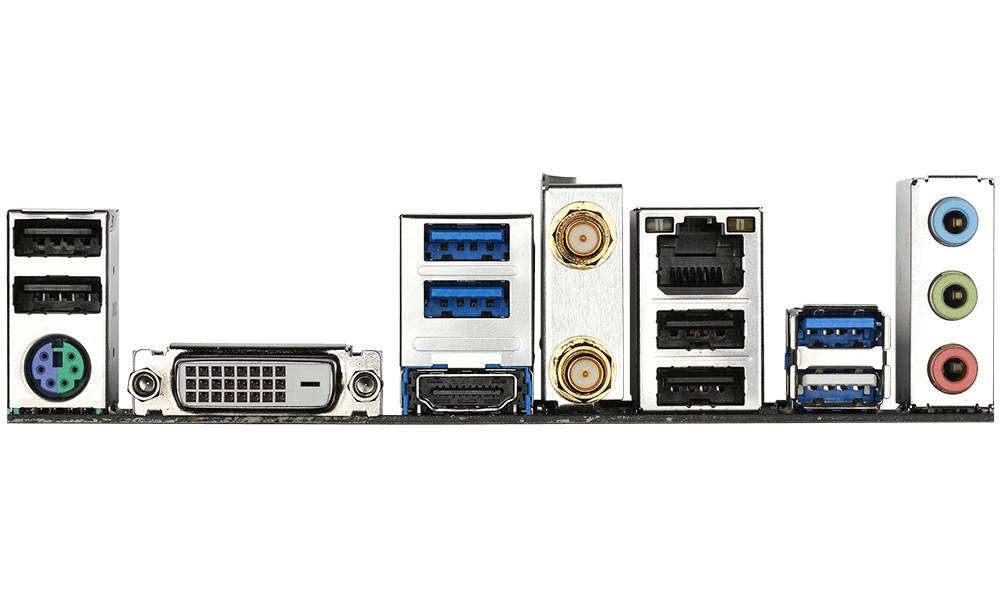 Connettori sul retro di una scheda madre del computer: USB, HDMI, DVI, Ethernet, porte audio e PS/2.