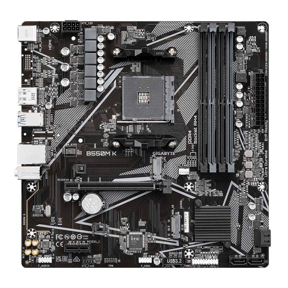 Illustrazione di una scheda madre per computer: Mostra il modello B550M K con vari connettori, slot e componenti.