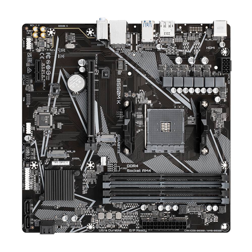 Una scheda madre per computer con diversi porte e slot, inclusi USB, HDMI e PCIe, per il collegamento di componenti hardware.