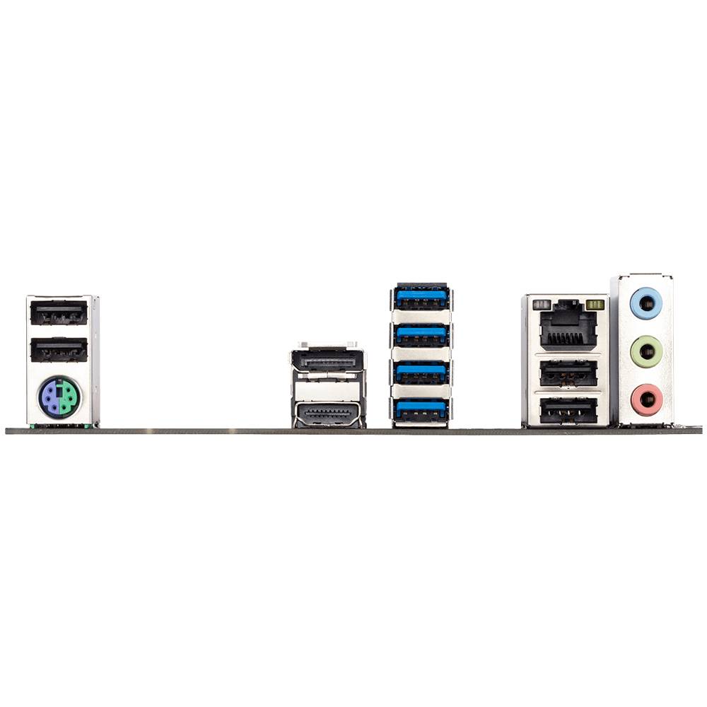 Una scheda madre del computer con più porte: USB, HDMI, Ethernet, ingressi audio e porta per tastiera PS/2.