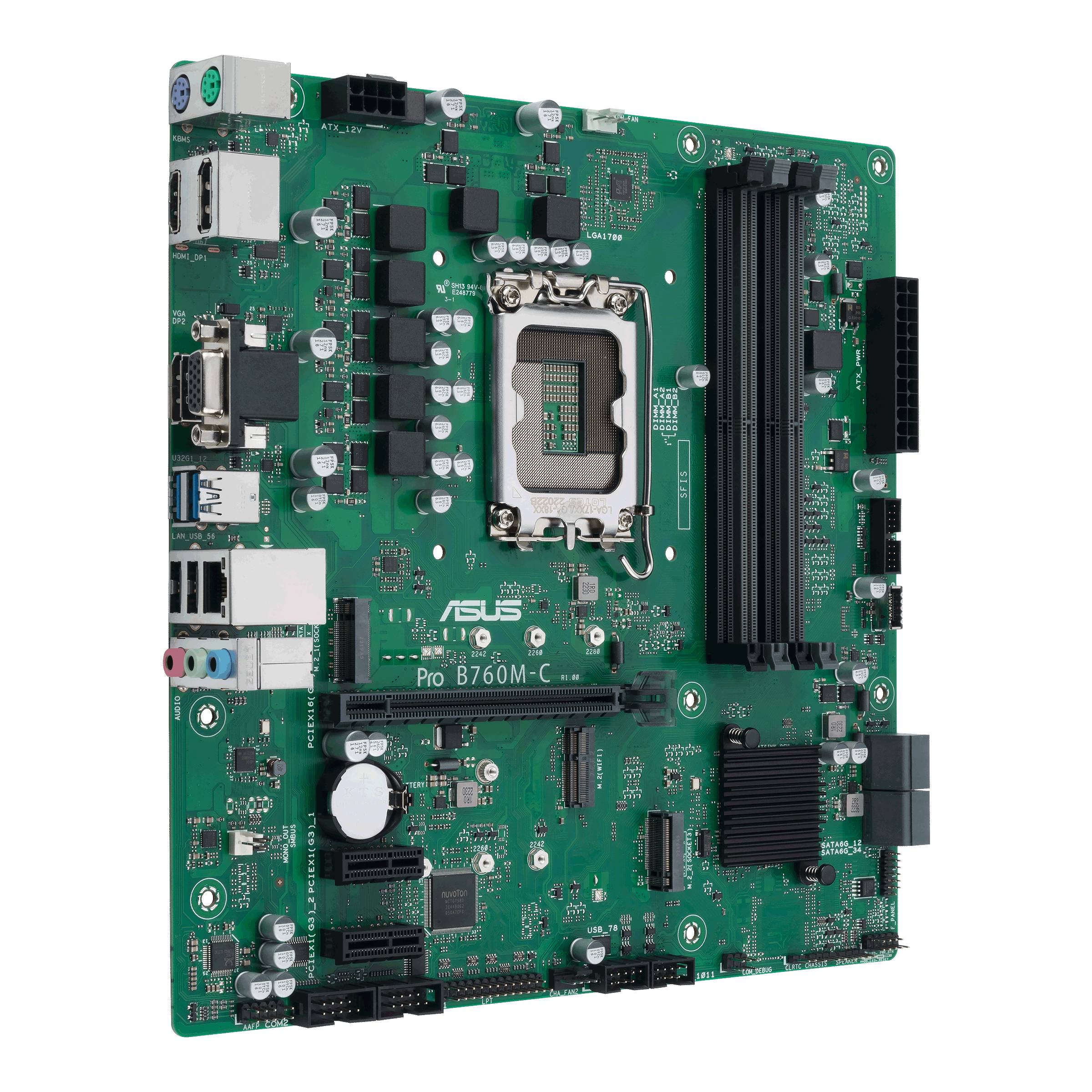 Una scheda madre verde con diversi slot e connettori. Socket LGA 1700 al centro, circondato da vari componenti elettronici.
