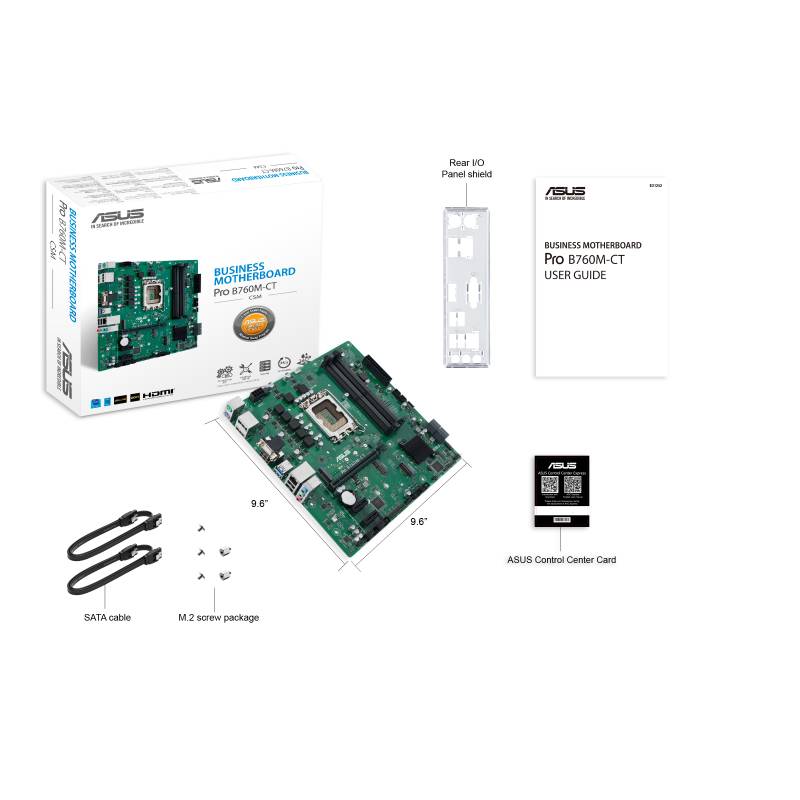 'Immagine di una scheda madre Asus Business Motherboard P10 B760M-CT: scheda madre, manuale utente, pannello I/O, cavi SATA. Compatibile con processori Intel.'