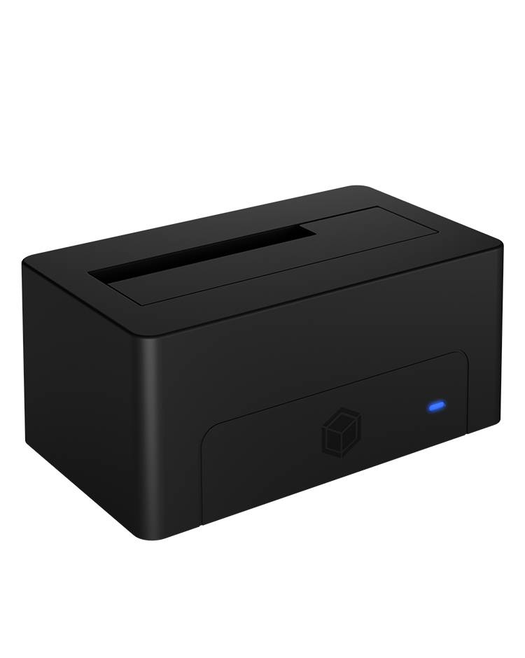 Stazione di aggancio per hard disk esterni, colore nero, con apertura di inserimento superiore e indicatore luminoso blu frontale.