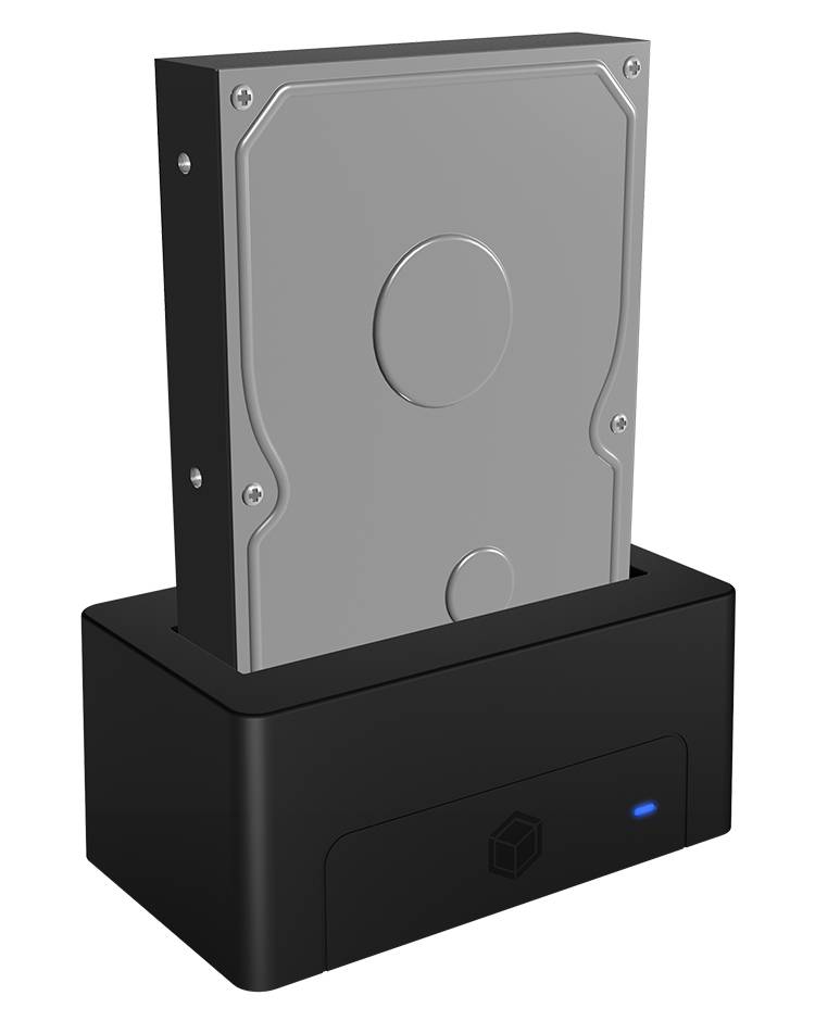 Hard disk esterno in posizione verticale in una stazione di aggancio nera con LED blu illuminato.