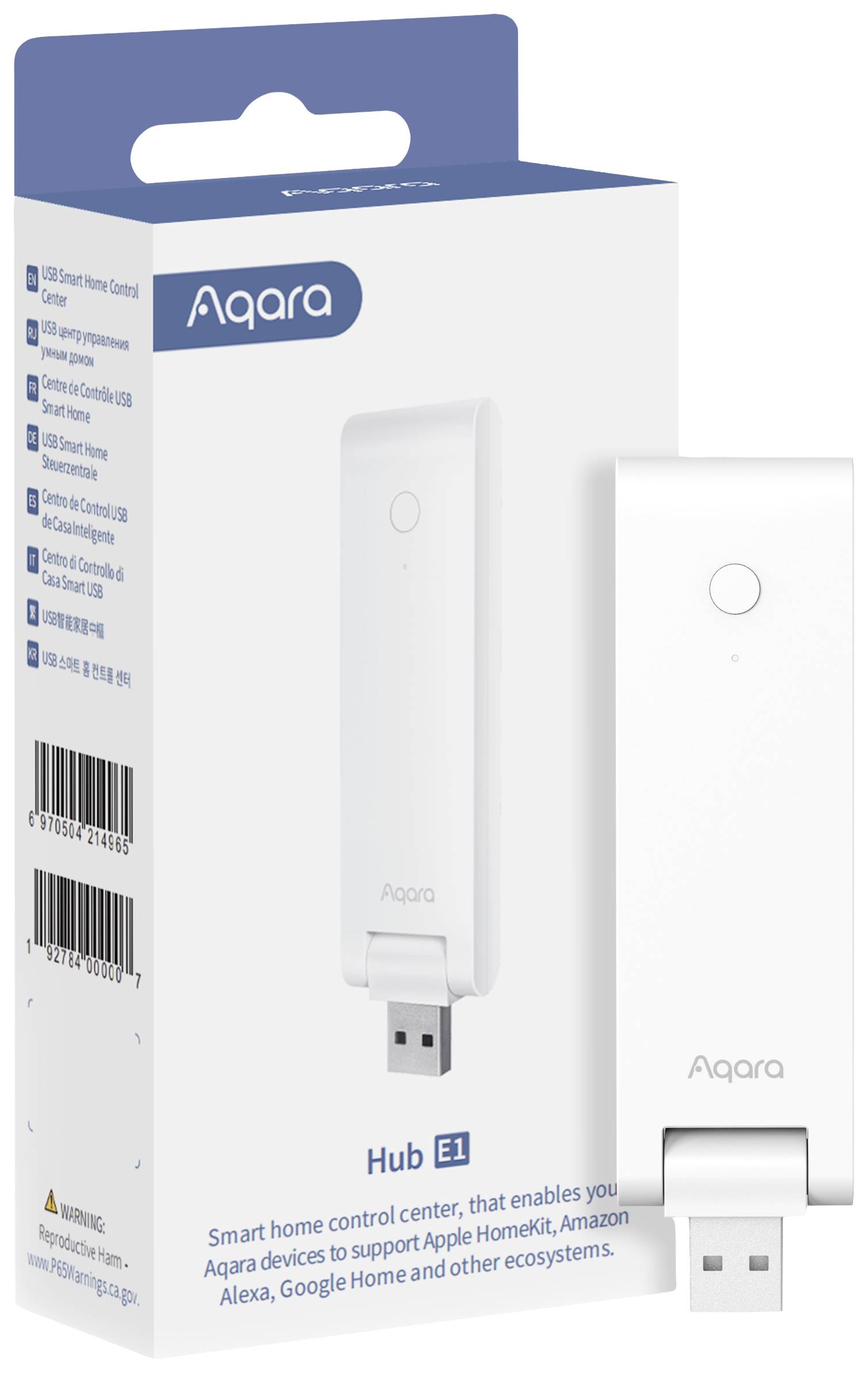 Confezione e prodotto di un Hub Aqara E1 bianco, un elemento di controllo per la casa intelligente per l'integrazione con Apple HomeKit e altri sistemi.