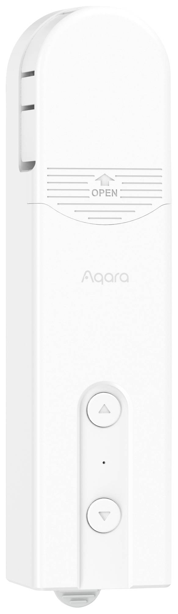 Un motore bianco e allungato per dispositivi smart home con due pulsanti e la scritta 'Aqara'. In alto è presente la parola 'Open' con un simbolo a freccia.