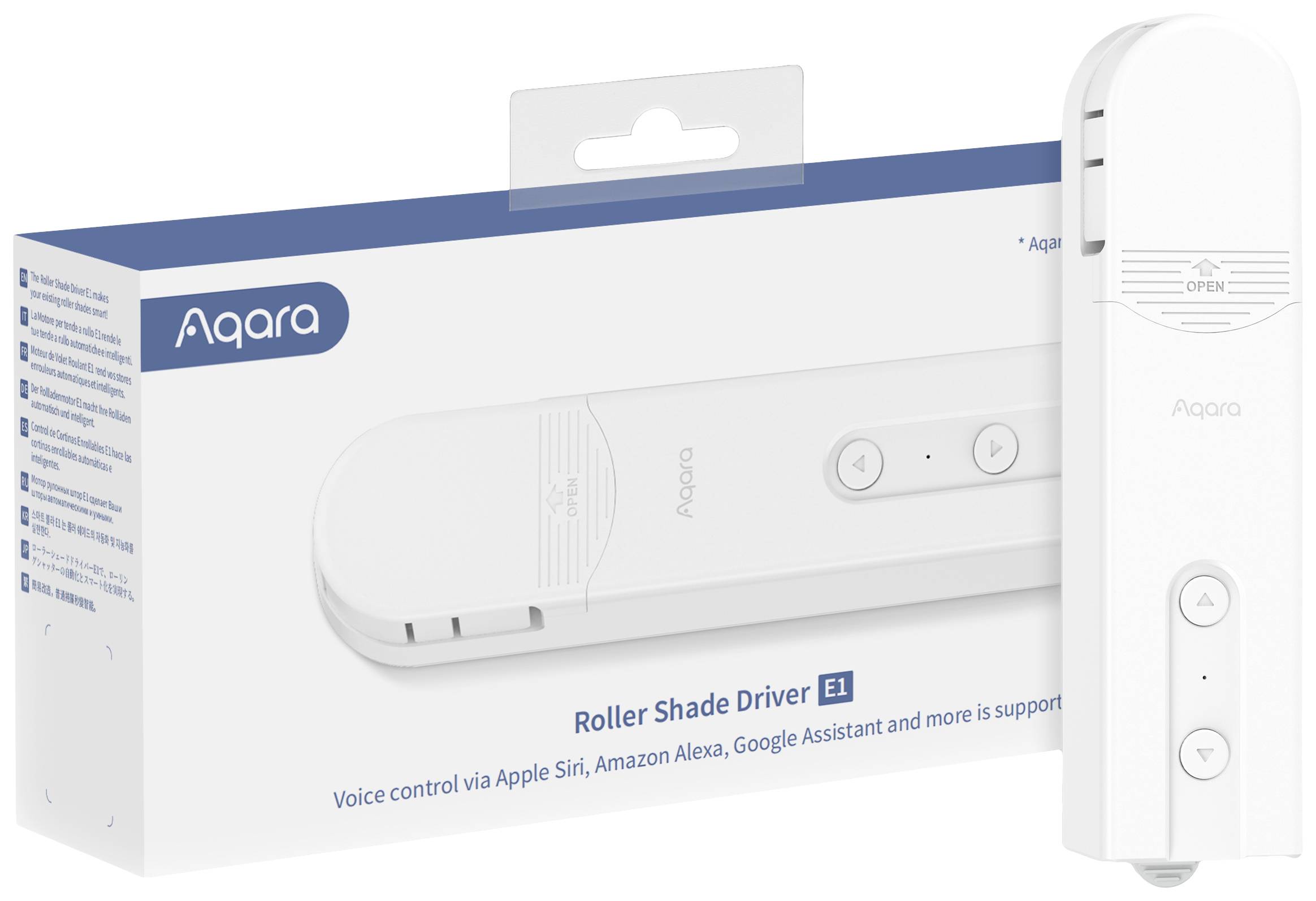 'Confezione del prodotto e dispositivo per Aqara Roller Shade Driver E1. Supporta il controllo vocale con Siri, Alexa e Google Assistant.'
