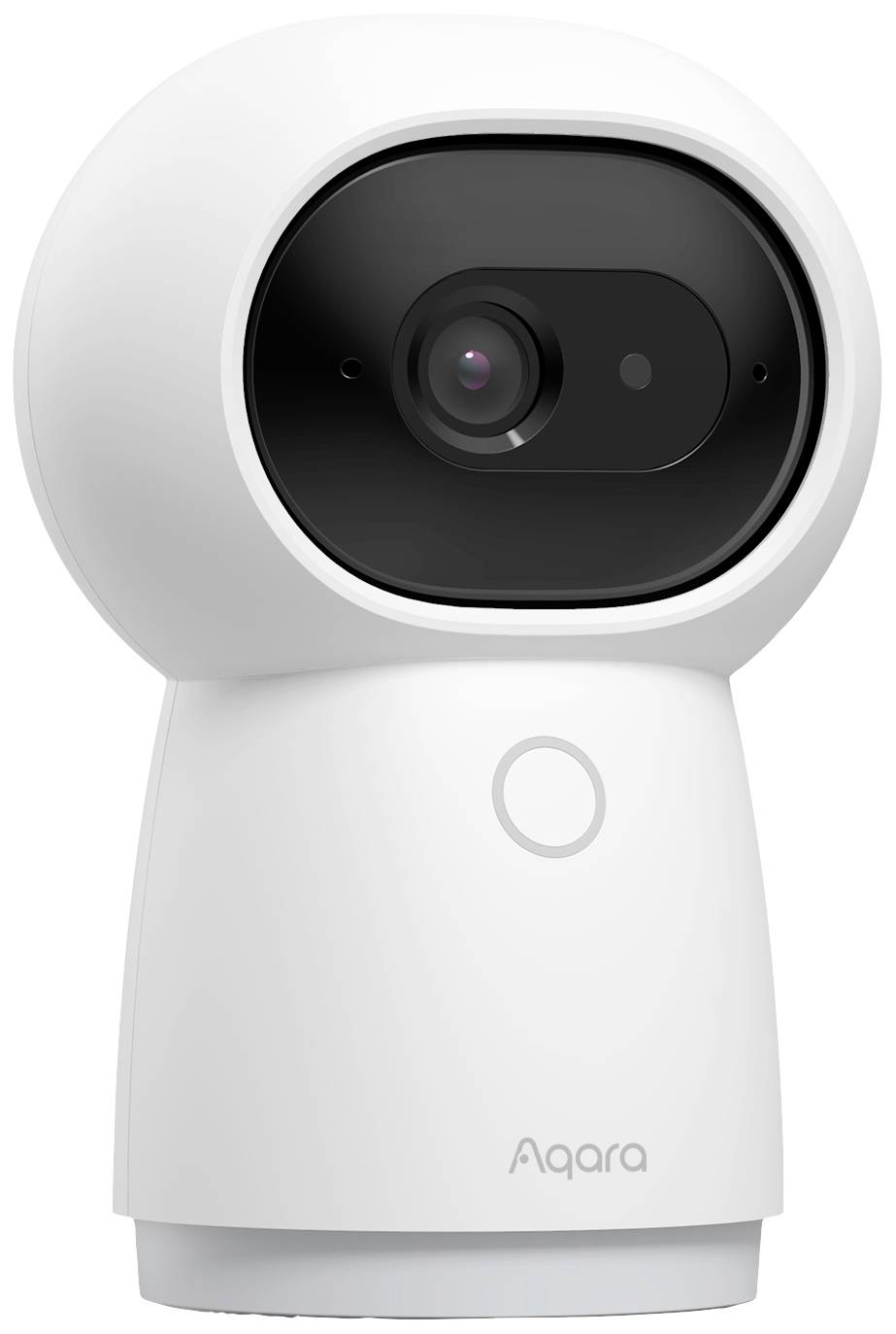 Telecamera di sorveglianza bianca con testa ovale e obiettivo centrale, montata su un piedistallo rotondo, marca Aqara.