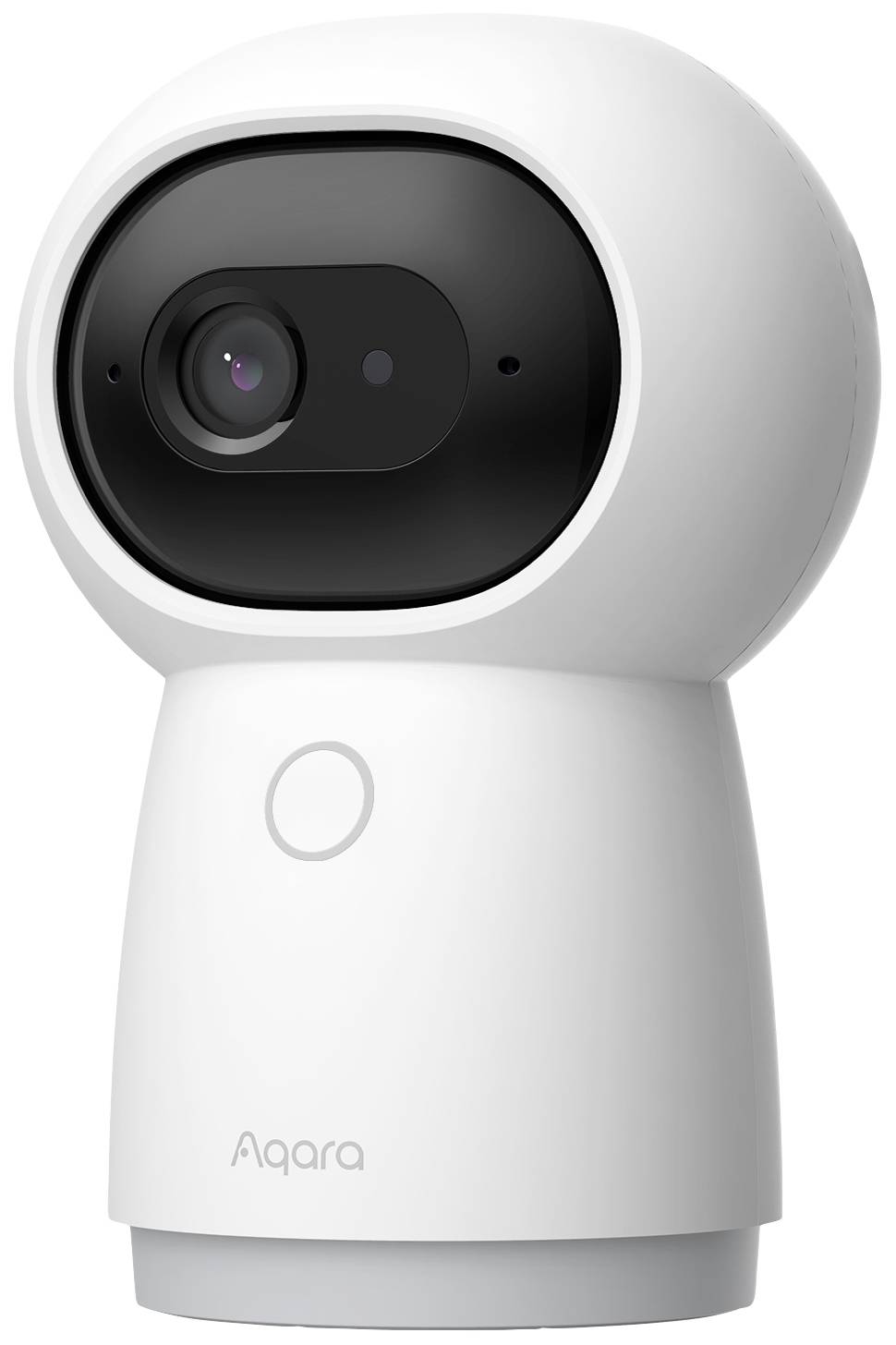 Una telecamera di sorveglianza bianca e rotonda di Aqara con un obiettivo grande, adatta per soluzioni di sicurezza intelligenti per interni.