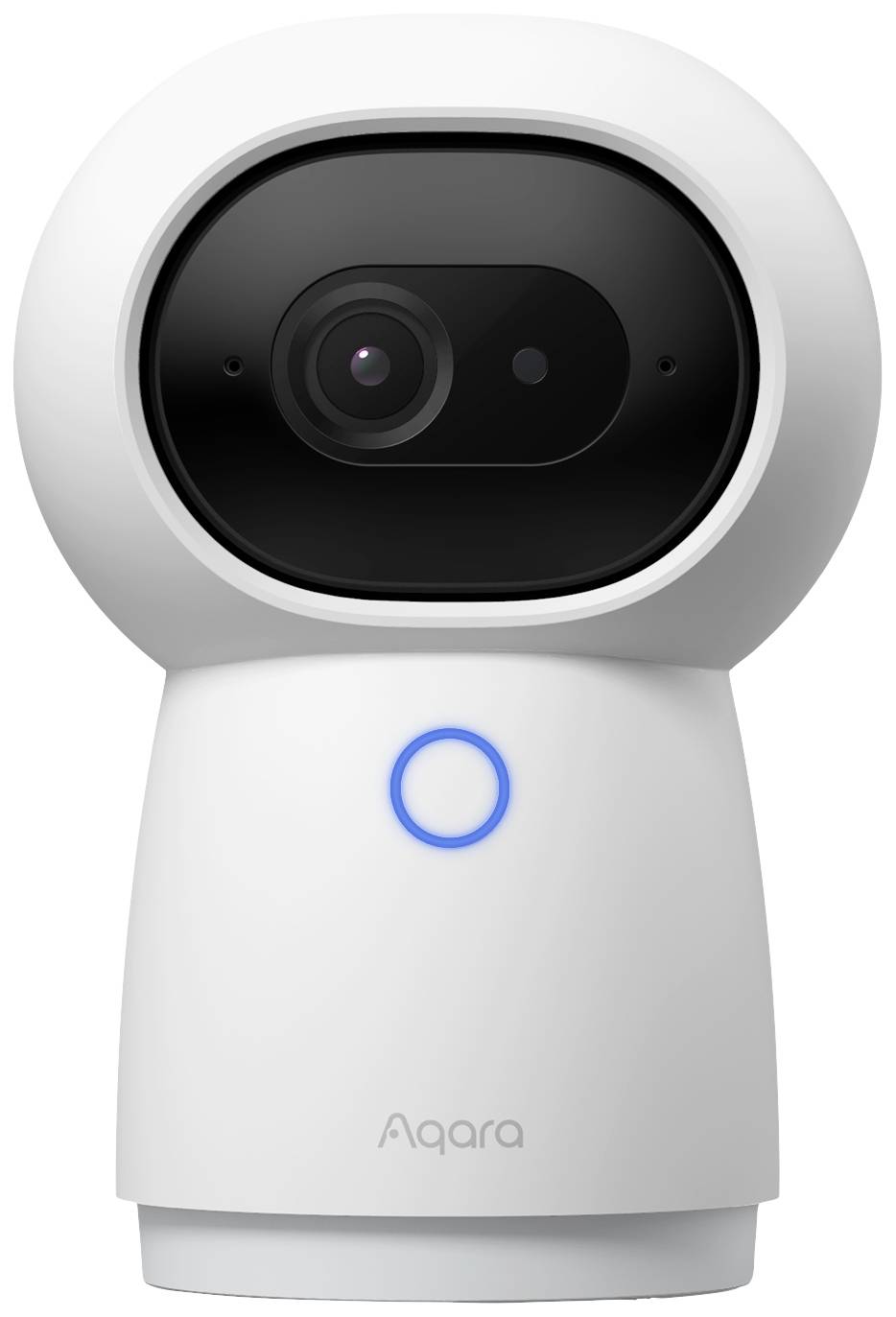 Una telecamera di sorveglianza intelligente in bianco moderno con un obiettivo nella parte superiore e un anello blu illuminato proprio sotto di esso.