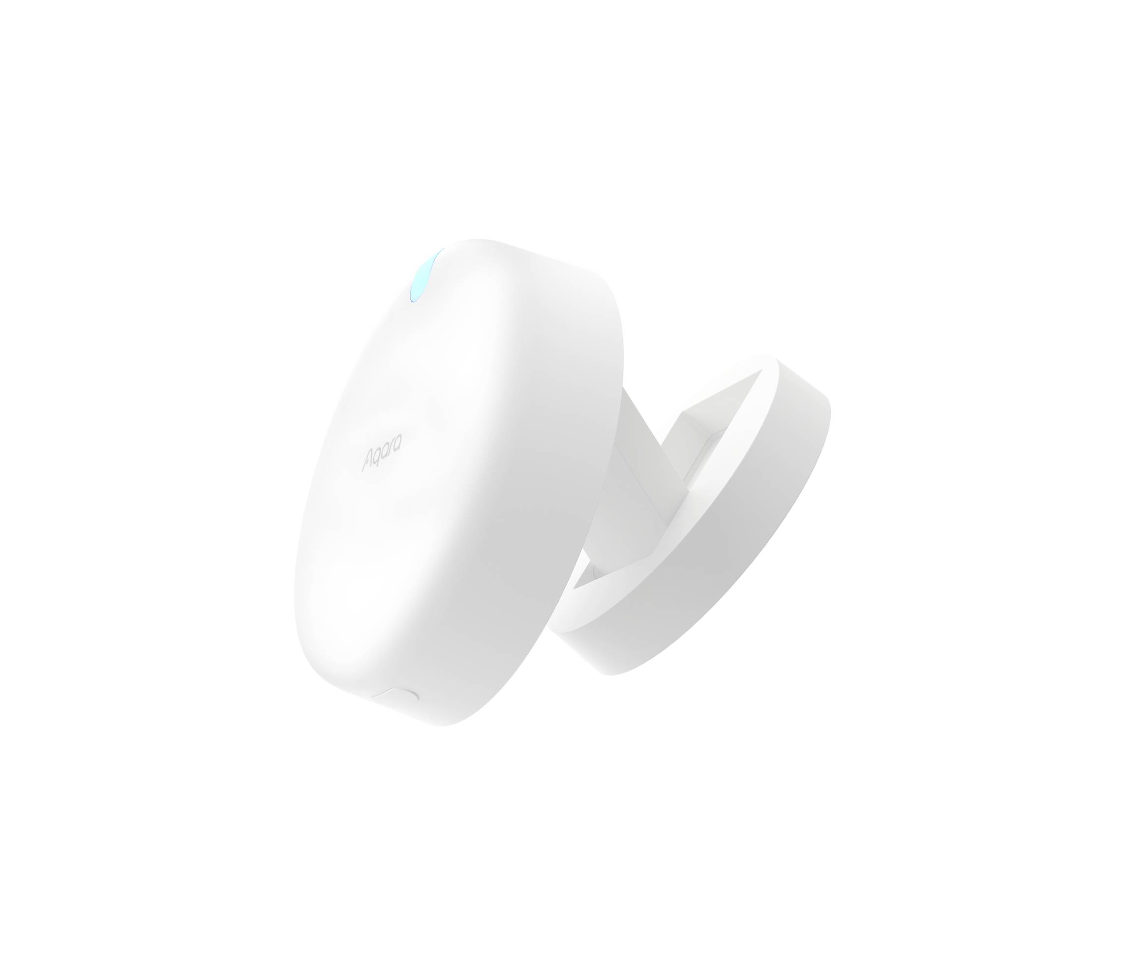 Un sensore bianco e rotondo di Aqara, contrassegnato da una piccola luce blu. Il sensore è montato su un supporto regolabile.