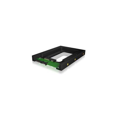 Un adattatore nero per frame di hard disk e SSD, con un'area aperta al centro e connettori su un lato.
