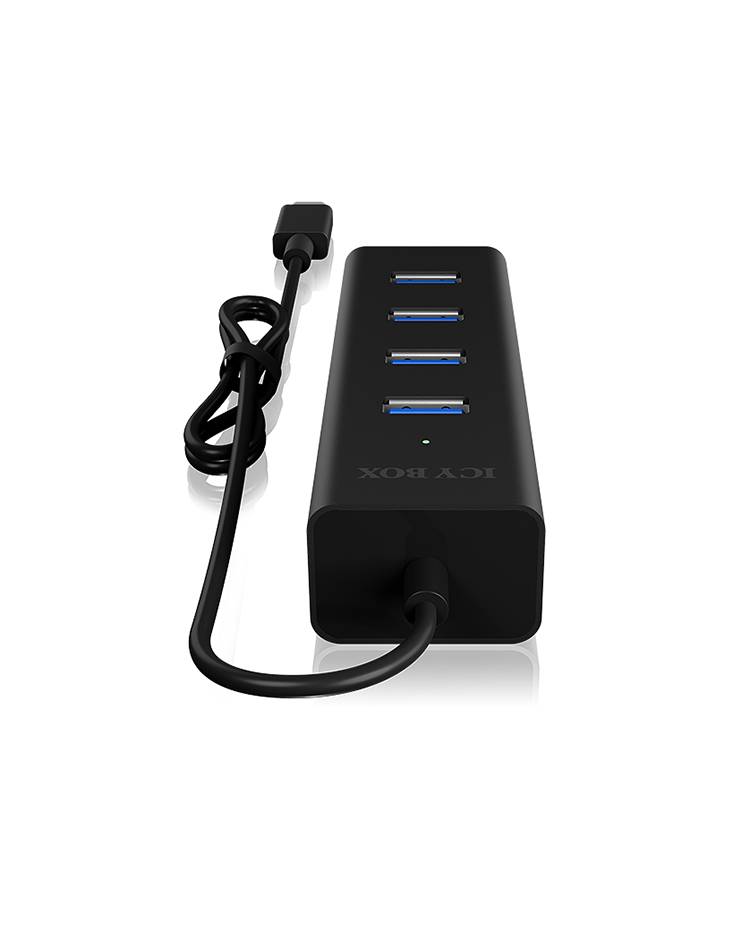 Hub USB nero con quattro porte USB e cavo collegato, raffigurato frontalmente. Ideale per l'espansione delle porte USB.