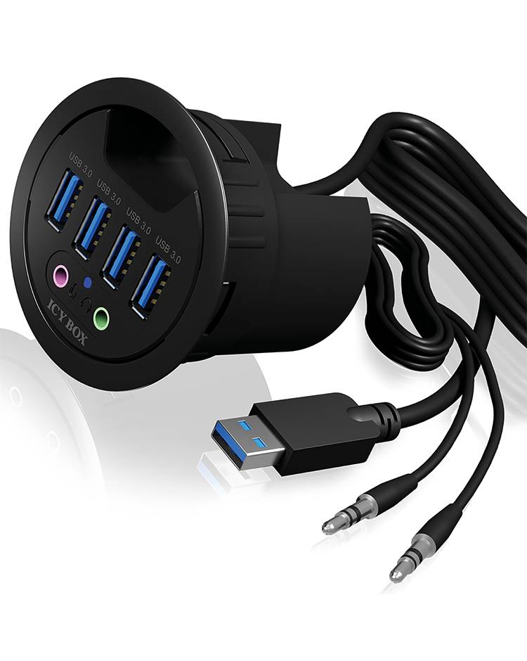 Un hub rotondo con quattro porte USB 3.0, cavo integrato, un connettore USB e due jack audio. Ideale per l'integrazione sulla scrivania.