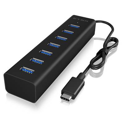 Hub USB nero con sette porte USB, collegato tramite un cavo con spina USB-C. Adatto per molteplici connessioni di dispositivi.