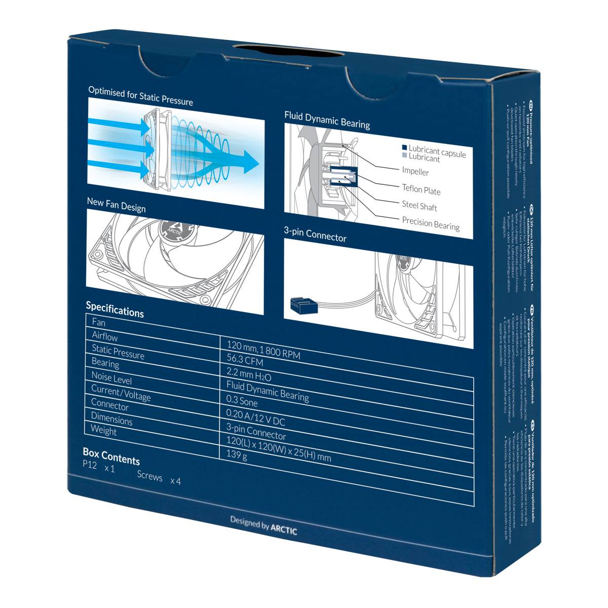 Una confezione blu mostra le specifiche tecniche di un ventilatore, inclusi portata d'aria, livello di rumore e dettagli di connessione.