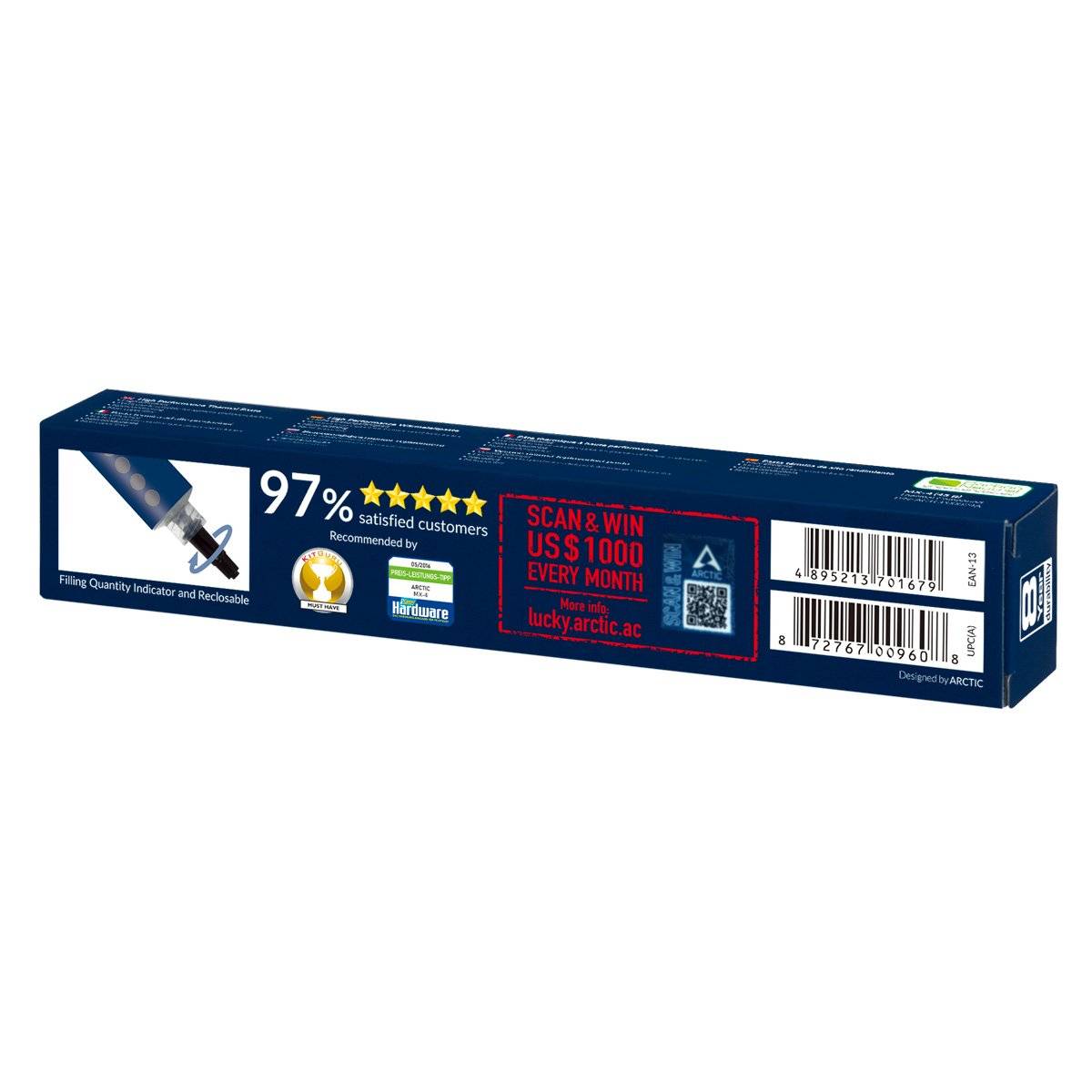 Packaging di una pasta termoconduttiva con il 97% di soddisfazione del cliente, consigliata dalla rivista di settore, e indicazione del concorso a premi.