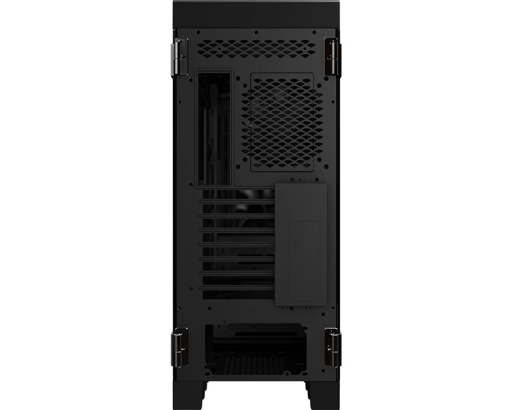 Custodia per PC nera vista da dietro con griglie di ventilazione e slot di espansione, nessun cavo o periferiche collegati.