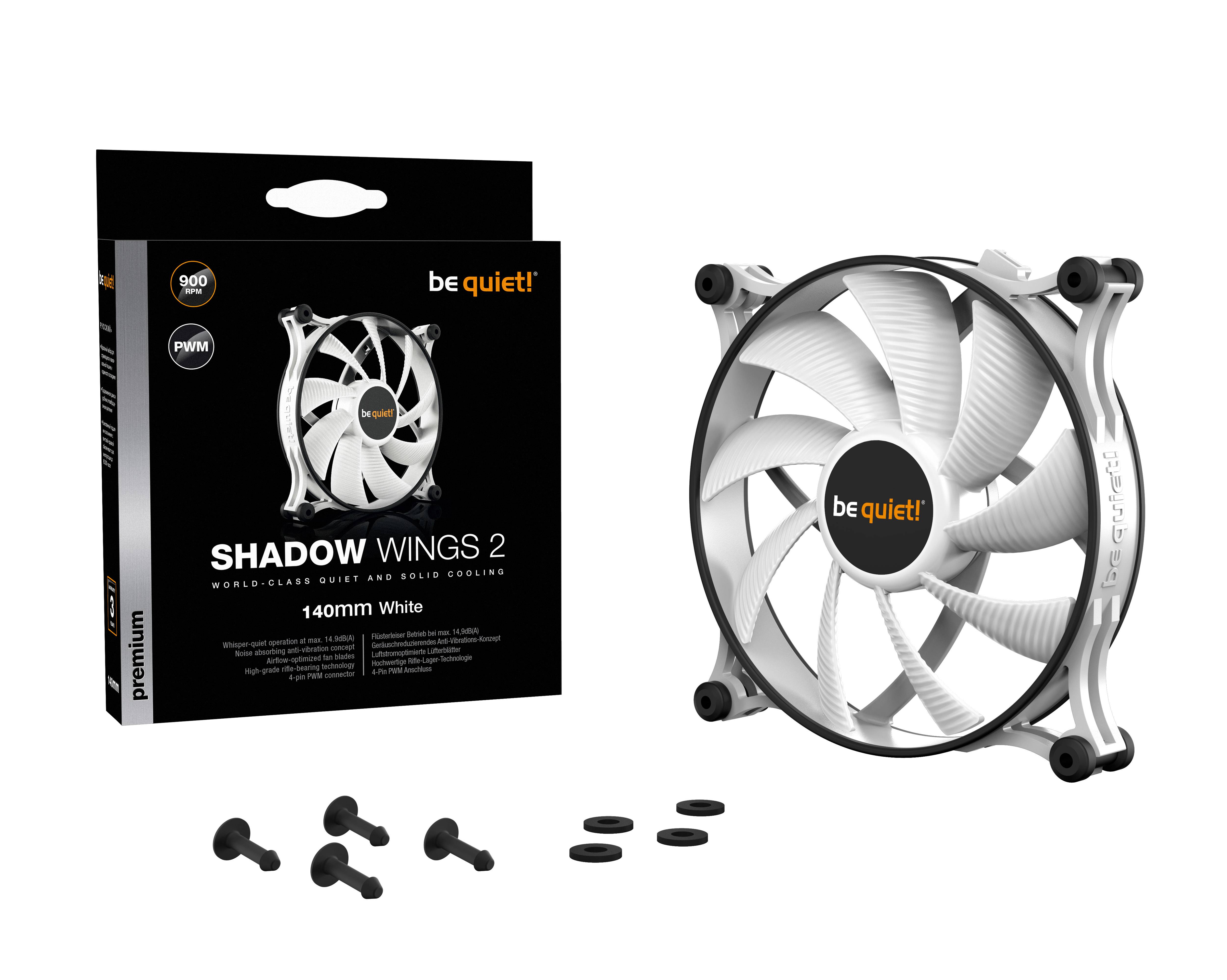 Un ventilatore PC bianco con la confezione 'be quiet! Shadow Wings 2 140mm White' accanto. Contiene componenti accessori come viti.