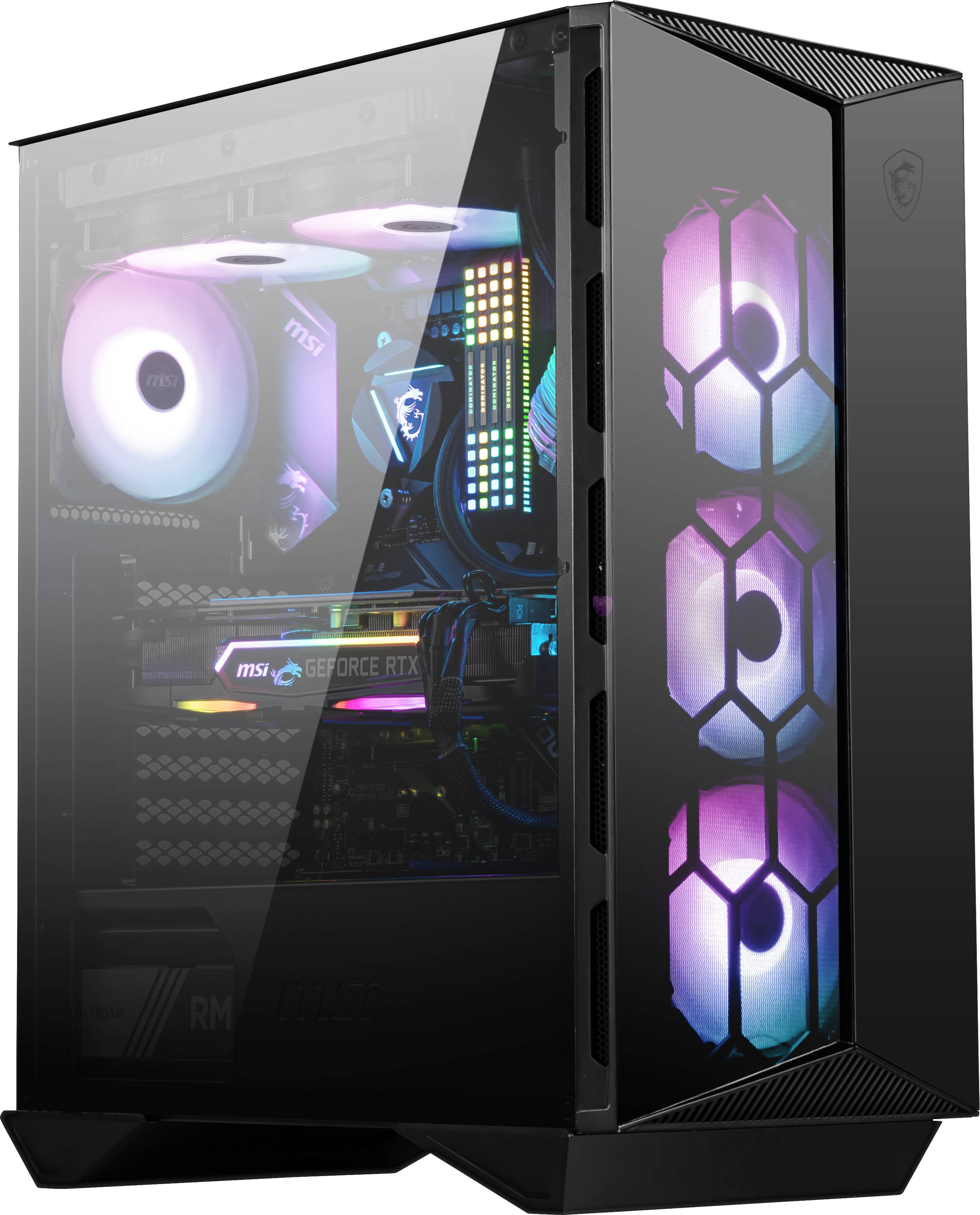 Un tower per PC da gaming nero con illuminazione RGB visibile e vetro trasparente, che mostra ventole e componenti hardware interni.
