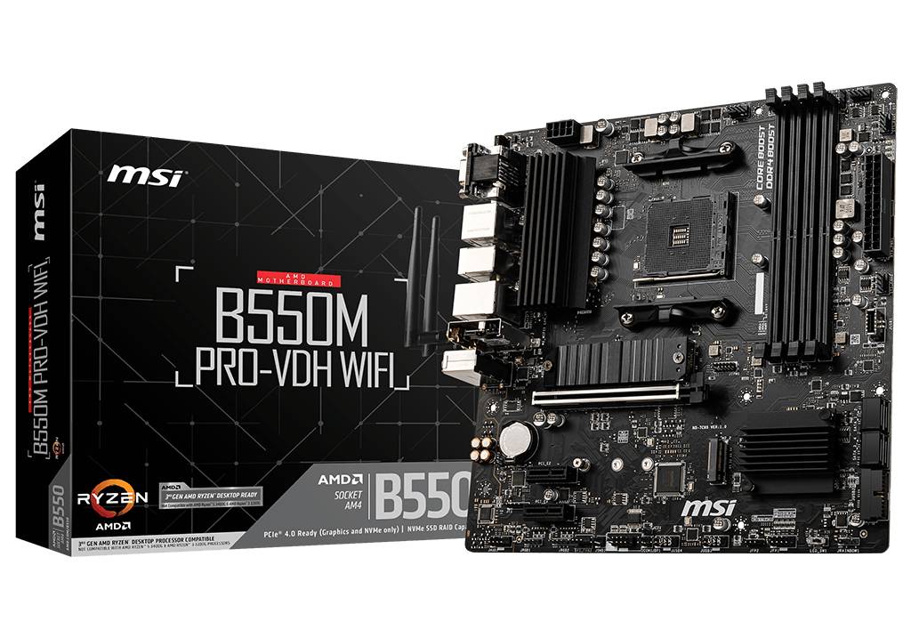 Una scheda madre MSI B550M PRO-VDH WIFI con confezione. Socket AM4, supporta processori Ryzen, memoria DDR4, WiFi integrato.