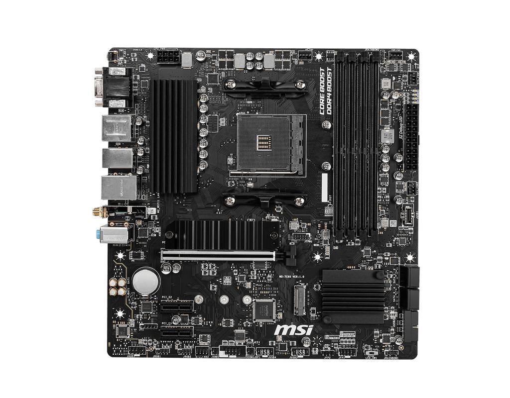 Una scheda madre nera con diversi slot, connettori e chip. Adatta per contesti tecnici o hardware.