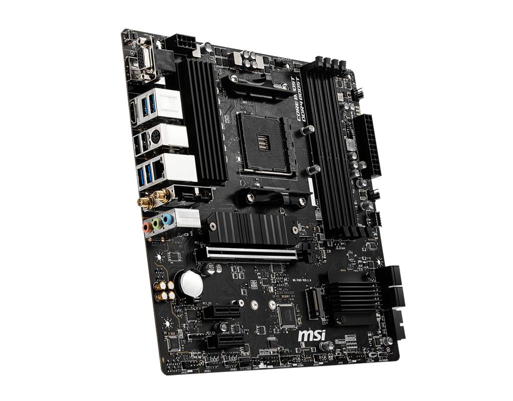 Scheda madre di tipo ATX di MSI con vari connettori, slot e componenti per processori e memoria del computer.