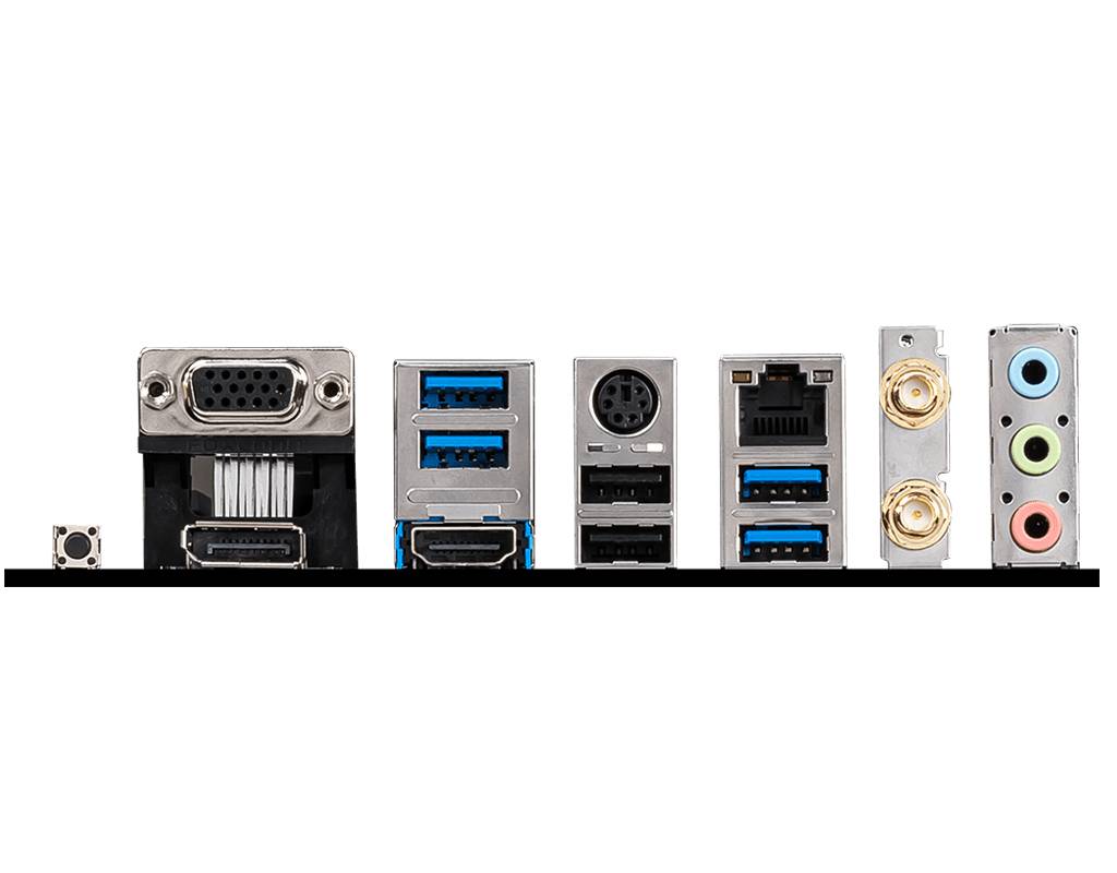 Vista posteriore di una scheda madre con pannello I/O contenente diversi connettori, tra cui USB, Ethernet e porte audio.