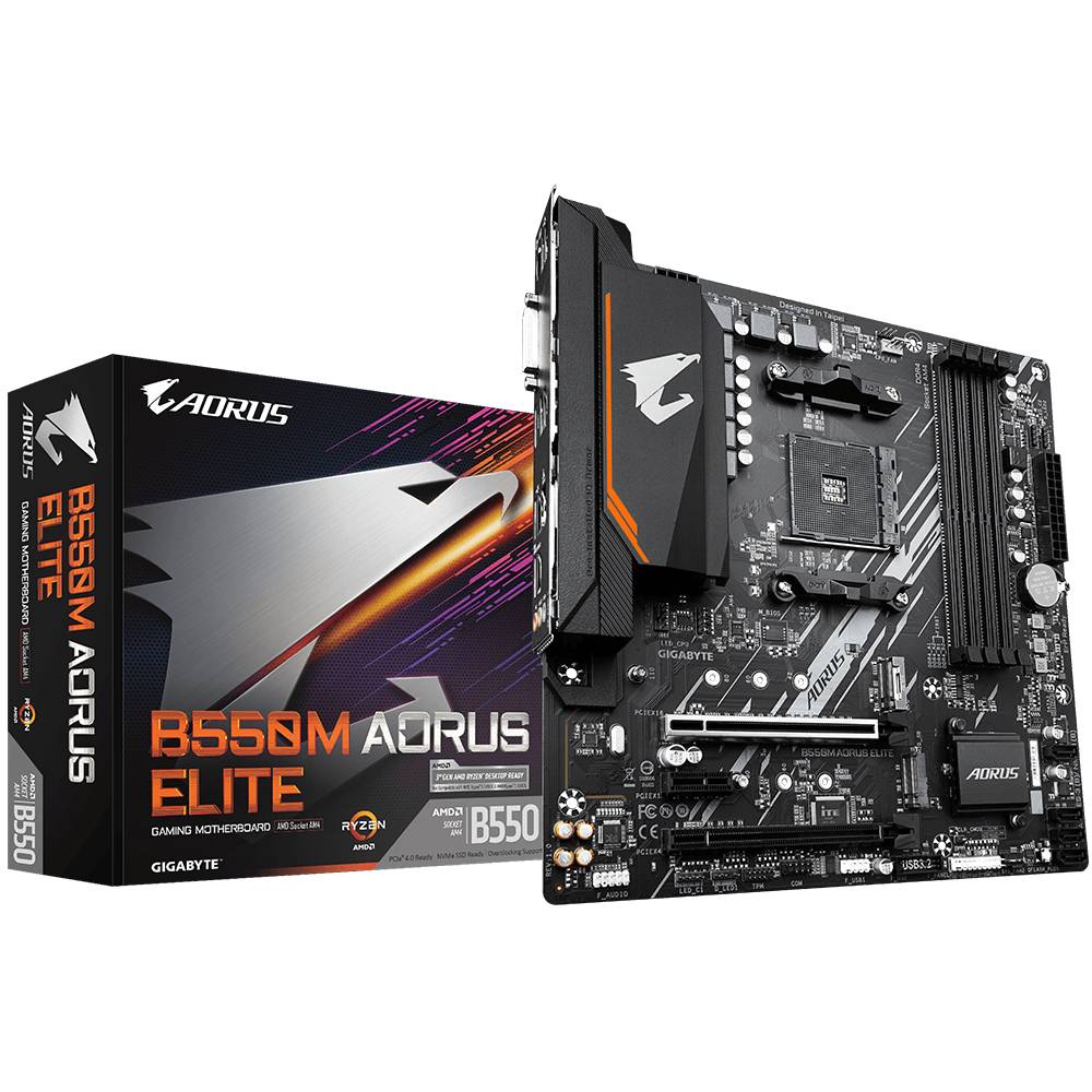 Scheda madre Gigabyte B550M AORUS ELITE accanto alla confezione; fattore di forma Micro-ATX, idonea per processori AMD AM4.