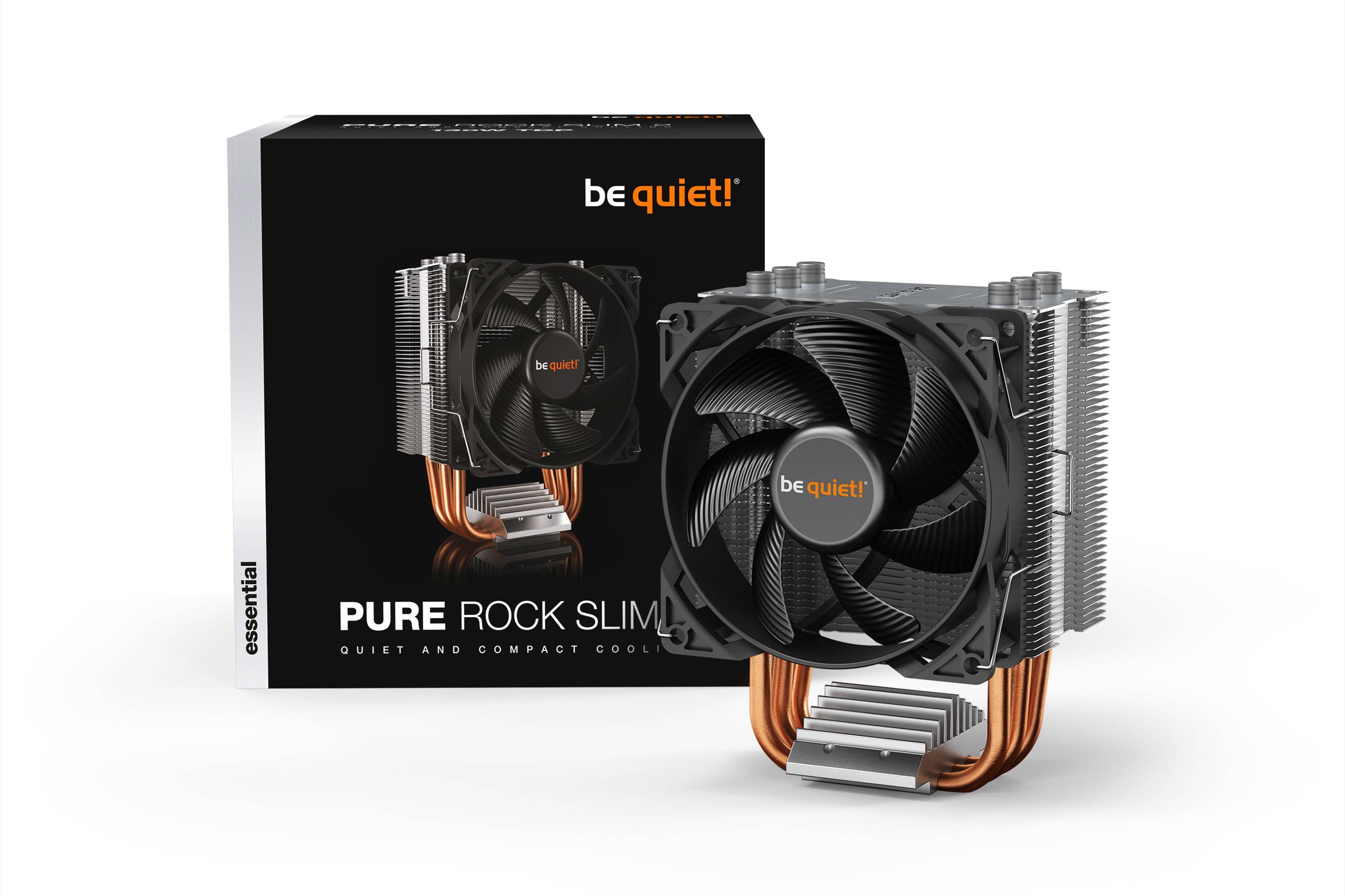 Dissipatore ad aria 'be quiet! Pure Rock Slim 2' con ventola nera e heat pipe in rame davanti alla confezione. Adatto per un raffreddamento silenzioso.