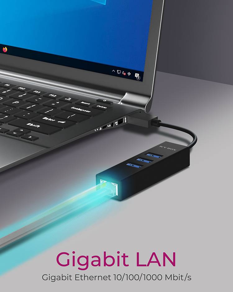 Adattatore USB connesso a un laptop, mostra un trasferimento dati veloce con un raggio di luce blu. Testo: 'Gigabit LAN', 'Gigabit Ethernet 10/100/1000 Mbit/s'.