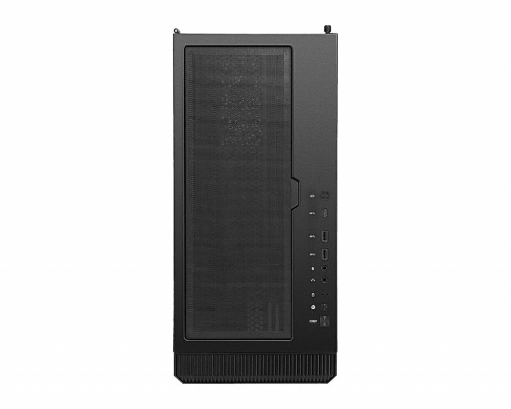 Involucro per computer nero, rettangolare, con griglia di aerazione superiore e diversi attacchi sul lato. Ideale per componenti PC.