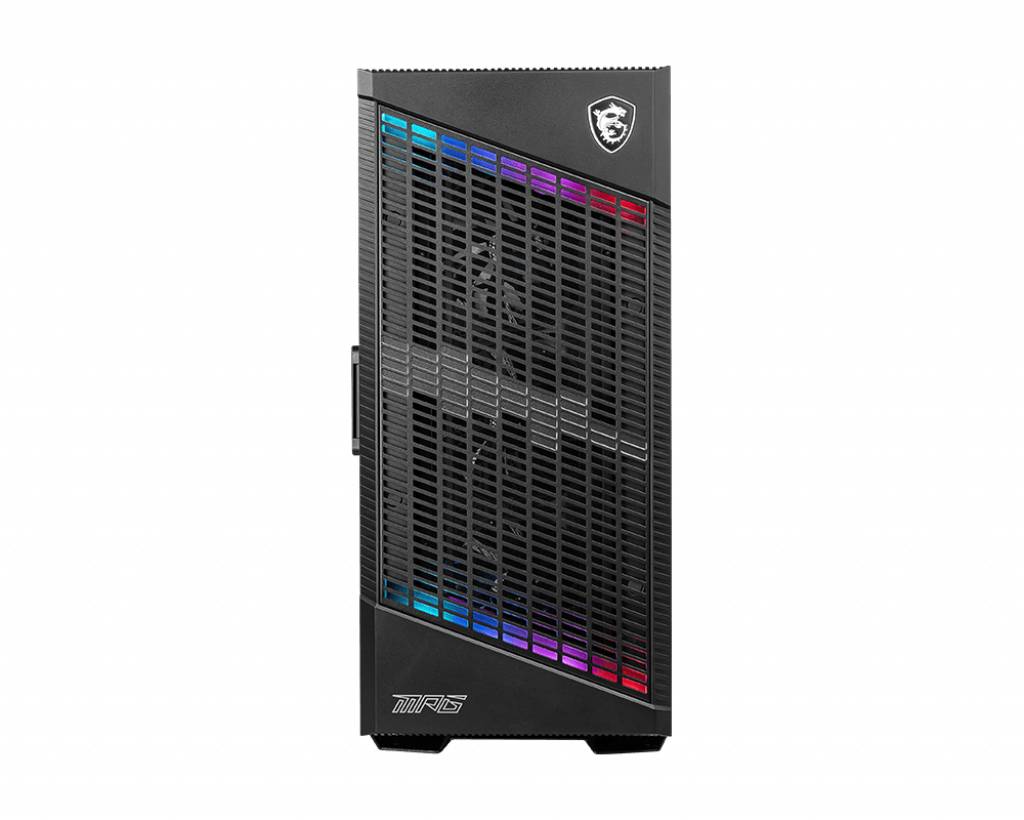 Custodia per computer nera con fessure di ventilazione e un logo del marchio in alto. Illuminazione RGB visibile dietro le fessure.